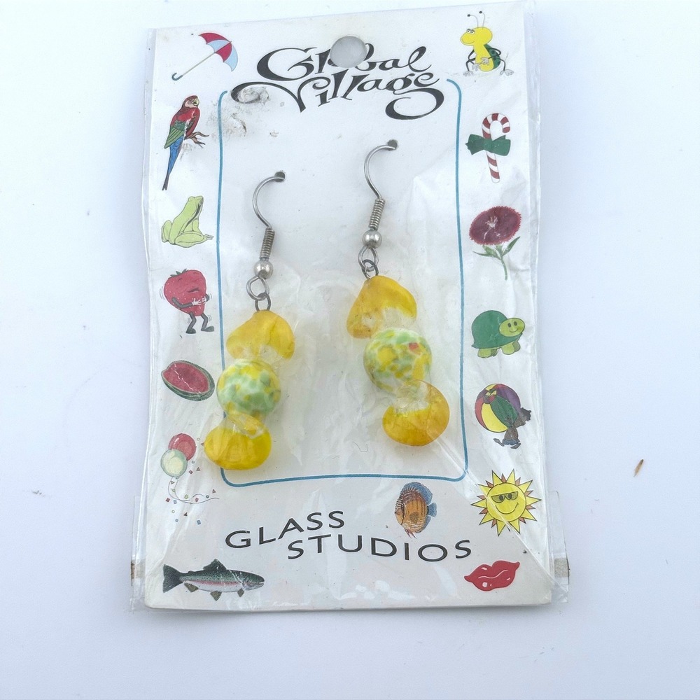 Vintage Global Village Glass Studios Yellowβ Green Lampwork Candy Drop Earrings